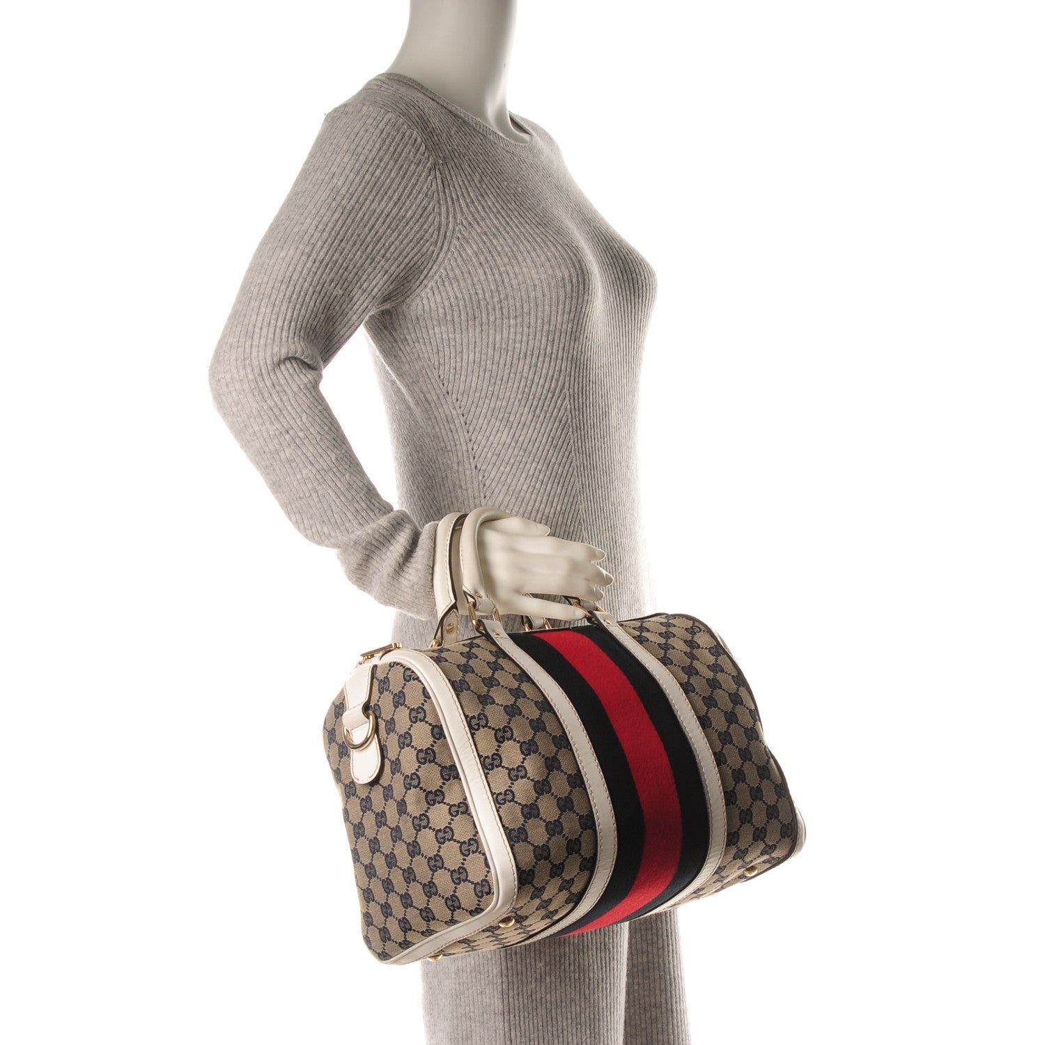 Gucci Monogram Selleria Calfskin Vintage Web Medium Boston Beige Blue Mystic White 2 of 7