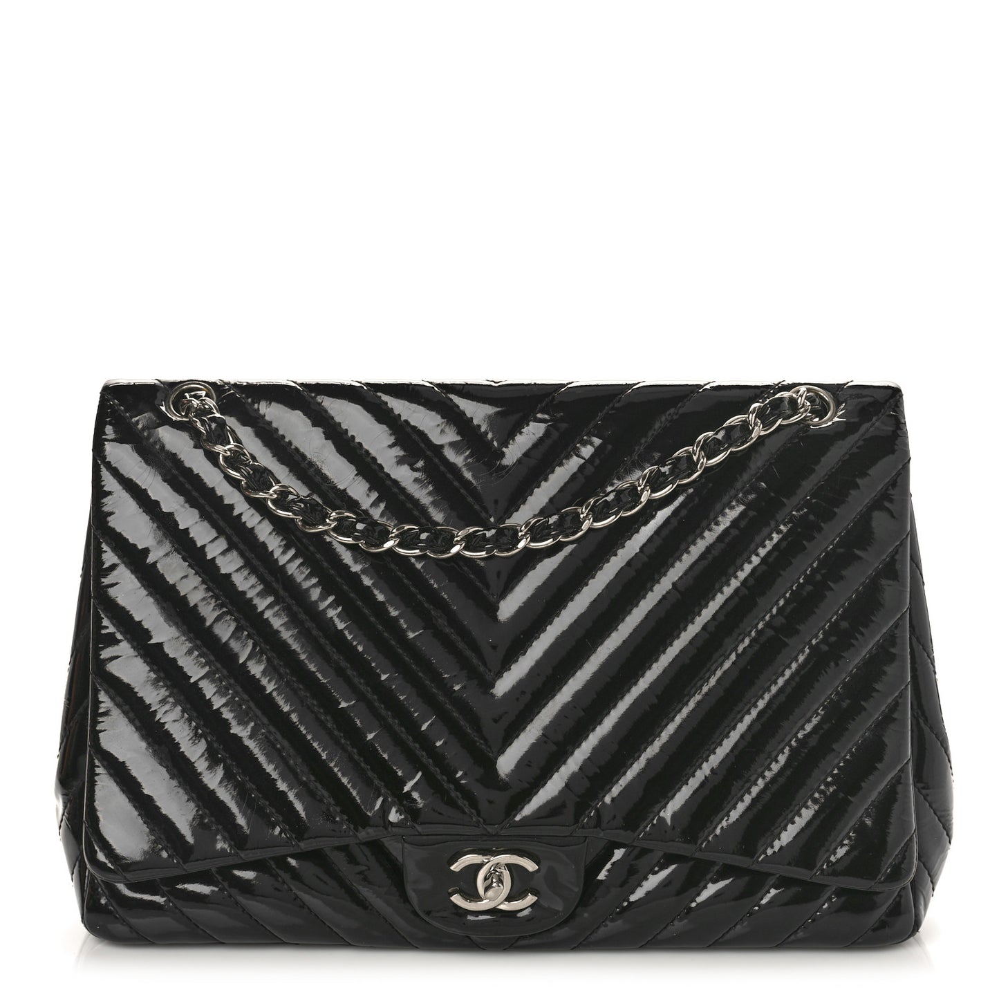 Patent Chevron Quilted Maxi Single Flap Black