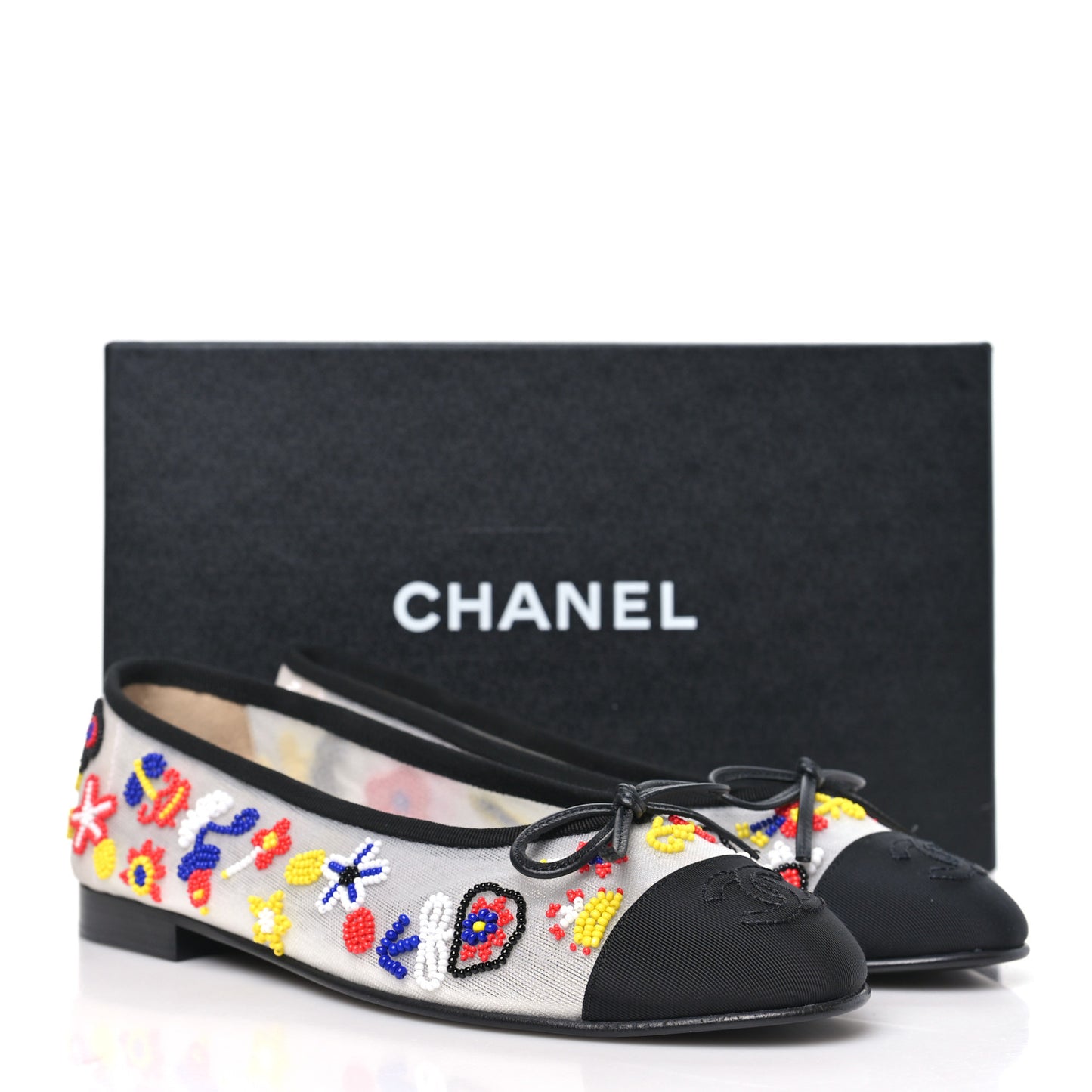 Mesh Pearl Grosgrain Cap Toe CC Coco Beach Ballerina Flats 37.5 Multicolor Black