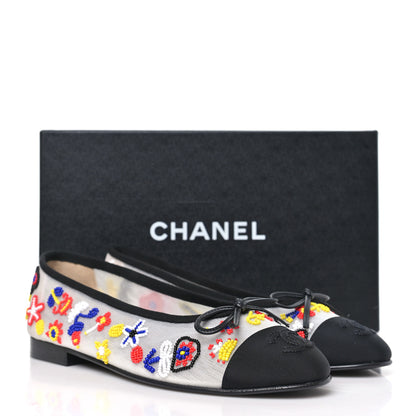 Chanel Mesh Pearl Grosgrain Cap Toe CC Coco Beach Ballerina Flats 37.5 Multicolor Black 10 of 10