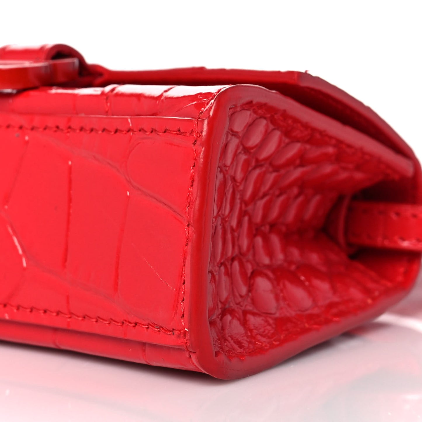 Shiny Calfskin Tonal B Crocodile Embossed Hourglass Top Handle Bag Mini Bright Red