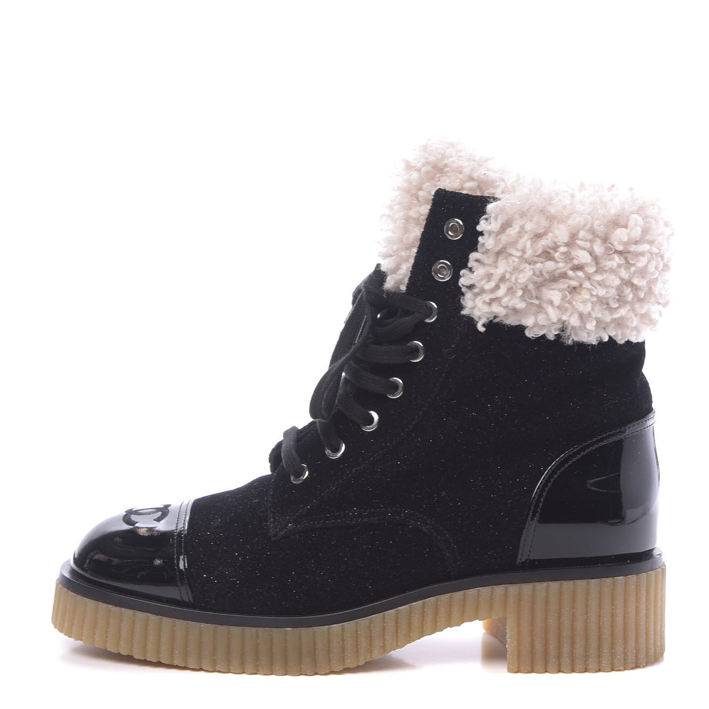 Calfskin Patent Fabric Lace Up Cap Toe CC Boots 39.5 Black Ivory