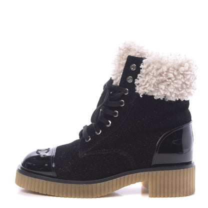 Chanel Calfskin Patent Fabric Lace Up Cap Toe CC Boots 39.5 Black Ivory 1 of 9