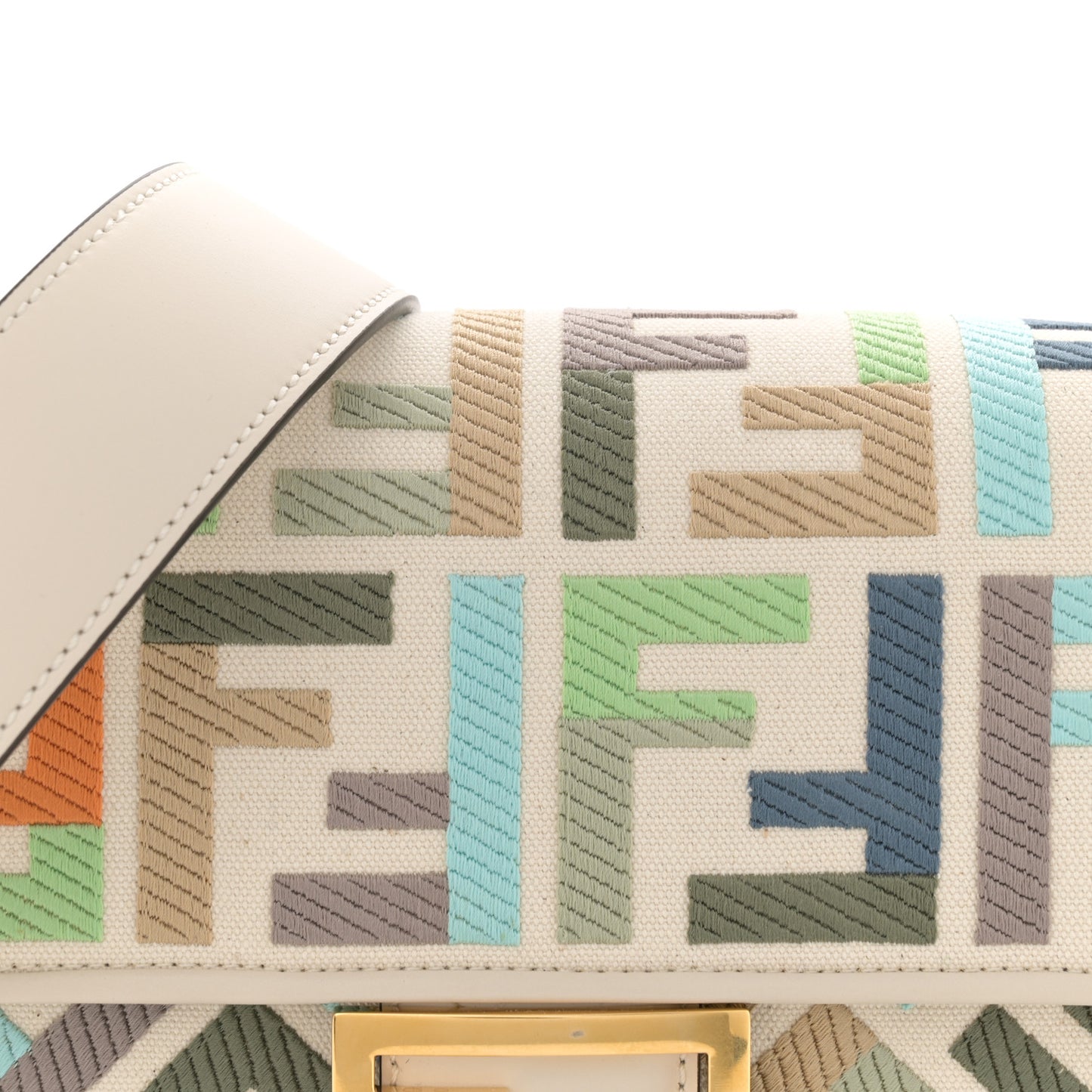 Canvas Vitello Seta FF Multicolor Embroidered Baguette Grezzo Multicolor Latte