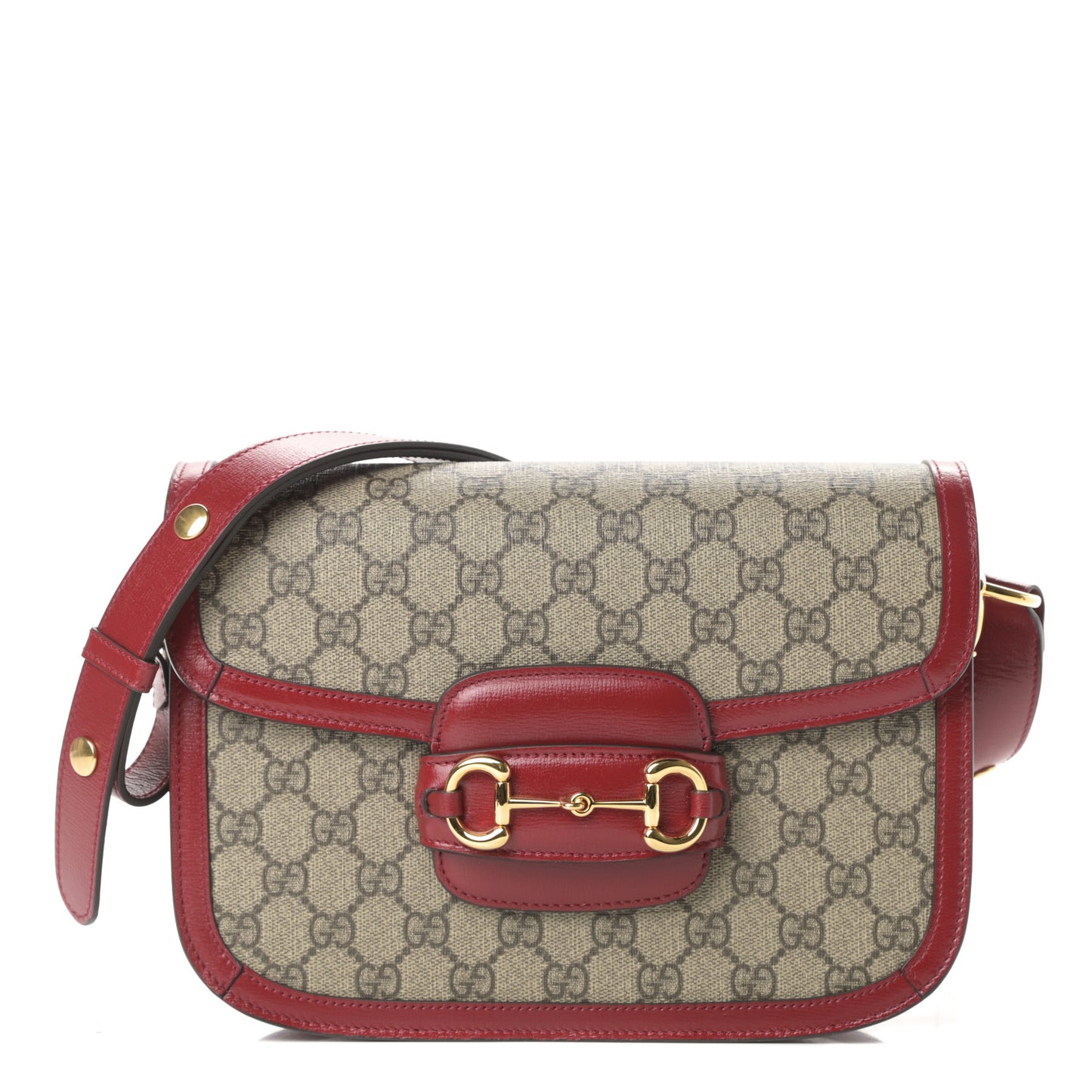 GG Supreme Monogram Azalea Calfskin Horsebit 1955 Shoulder Bag Beige Ebony New Cherry Red