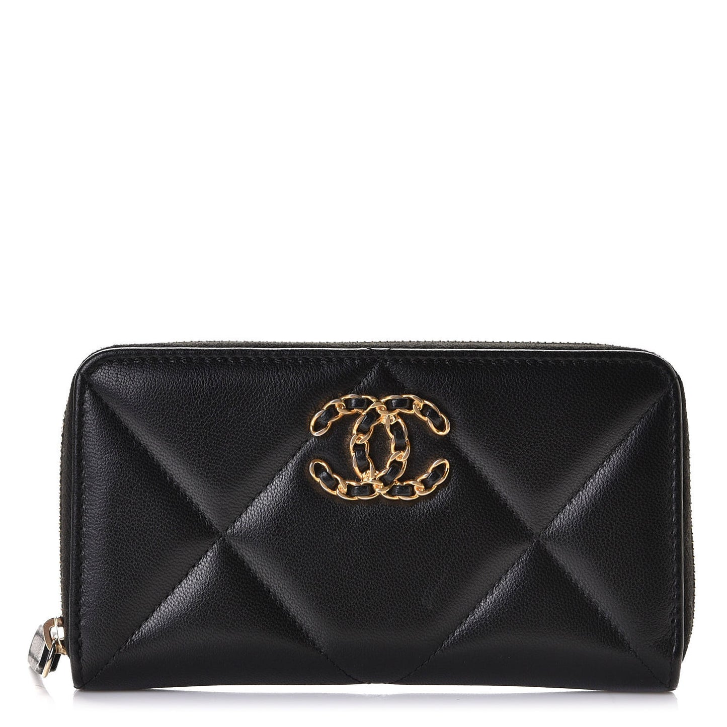 Shiny Goatskin Quilted Chanel 19 Long Zipped Around Wallet Black