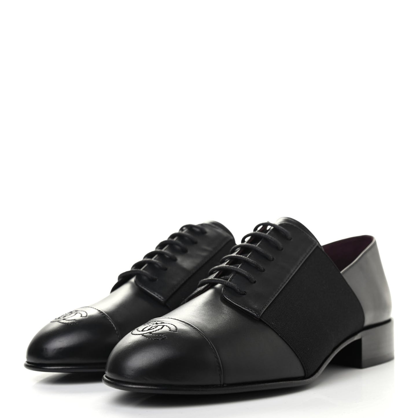 Calfskin Elastic Lace Up Cap Toe CC Loafers 36 Black