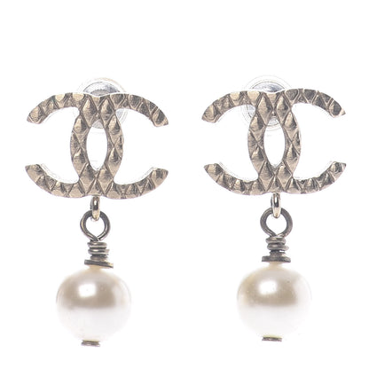 Chanel Pearl Quilted CC Drop Earrings Silver 1 of 5