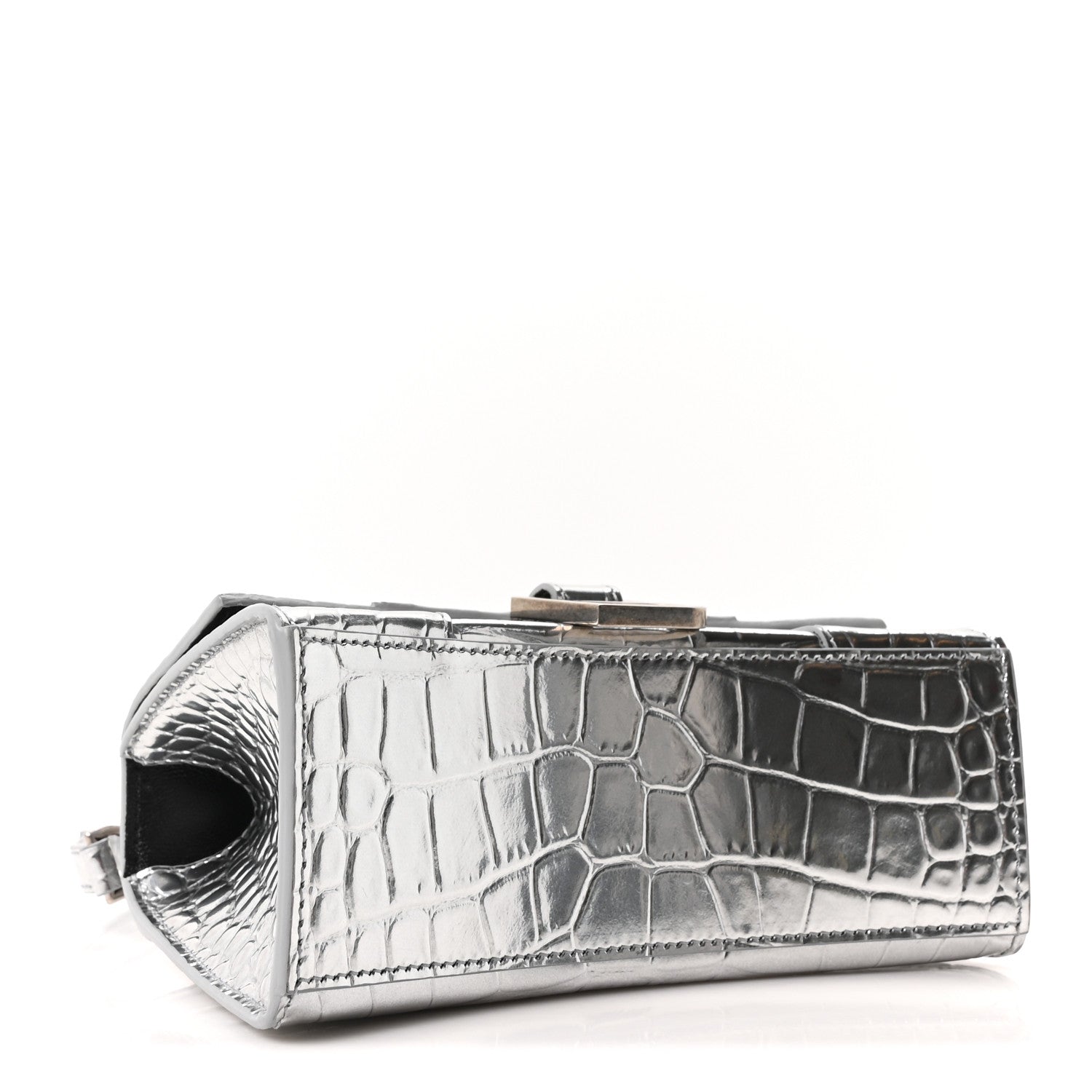 Balenciaga Metallic Calfskin Crocodile Embossed Hourglass Top Handle Bag XS Silver 4 of 9