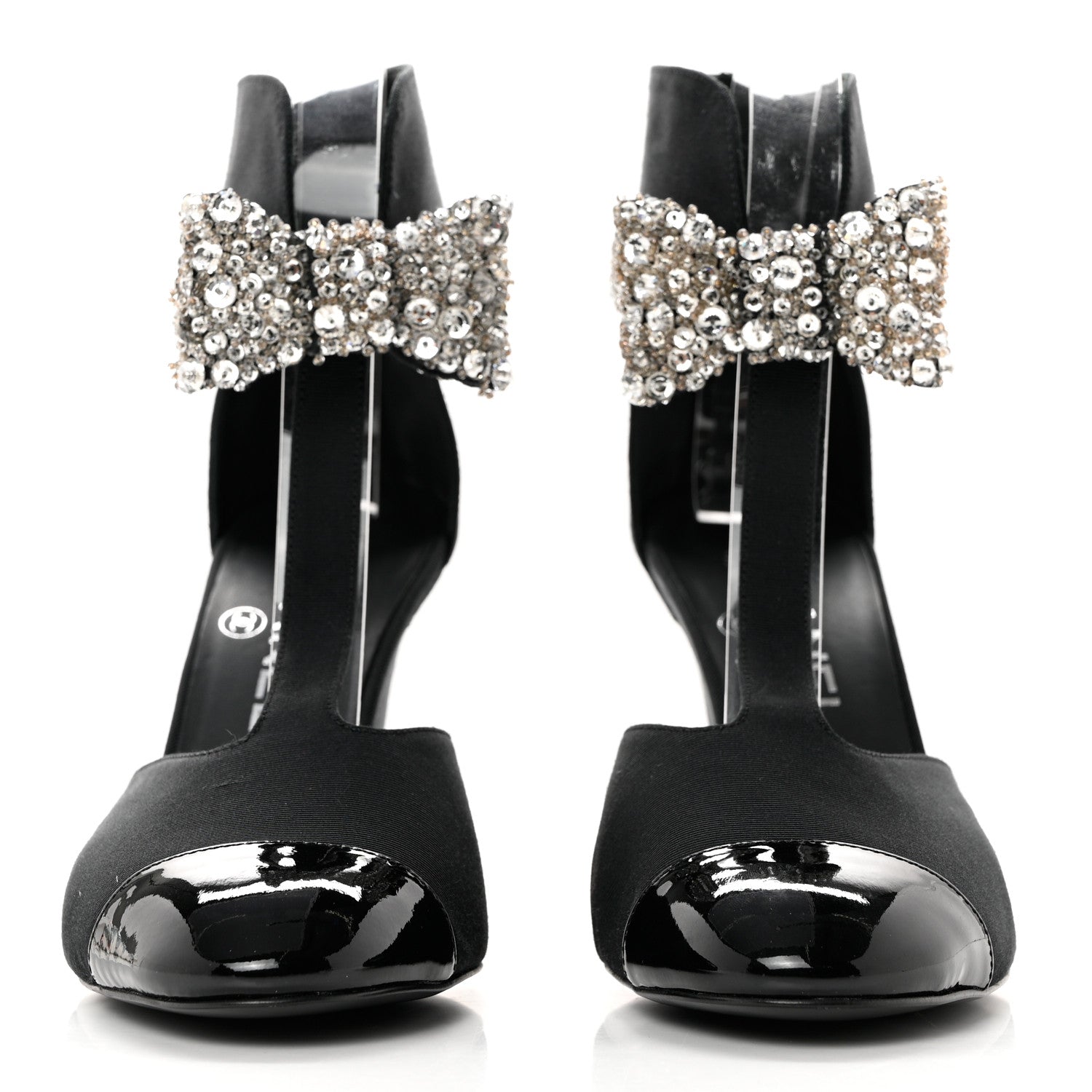 Chanel Grosgrain Patent Cap Toe Bow Crystal Pumps 37 Black 2 of 8