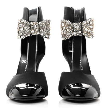 Chanel Grosgrain Patent Cap Toe Bow Crystal Pumps 37 Black 2 of 8