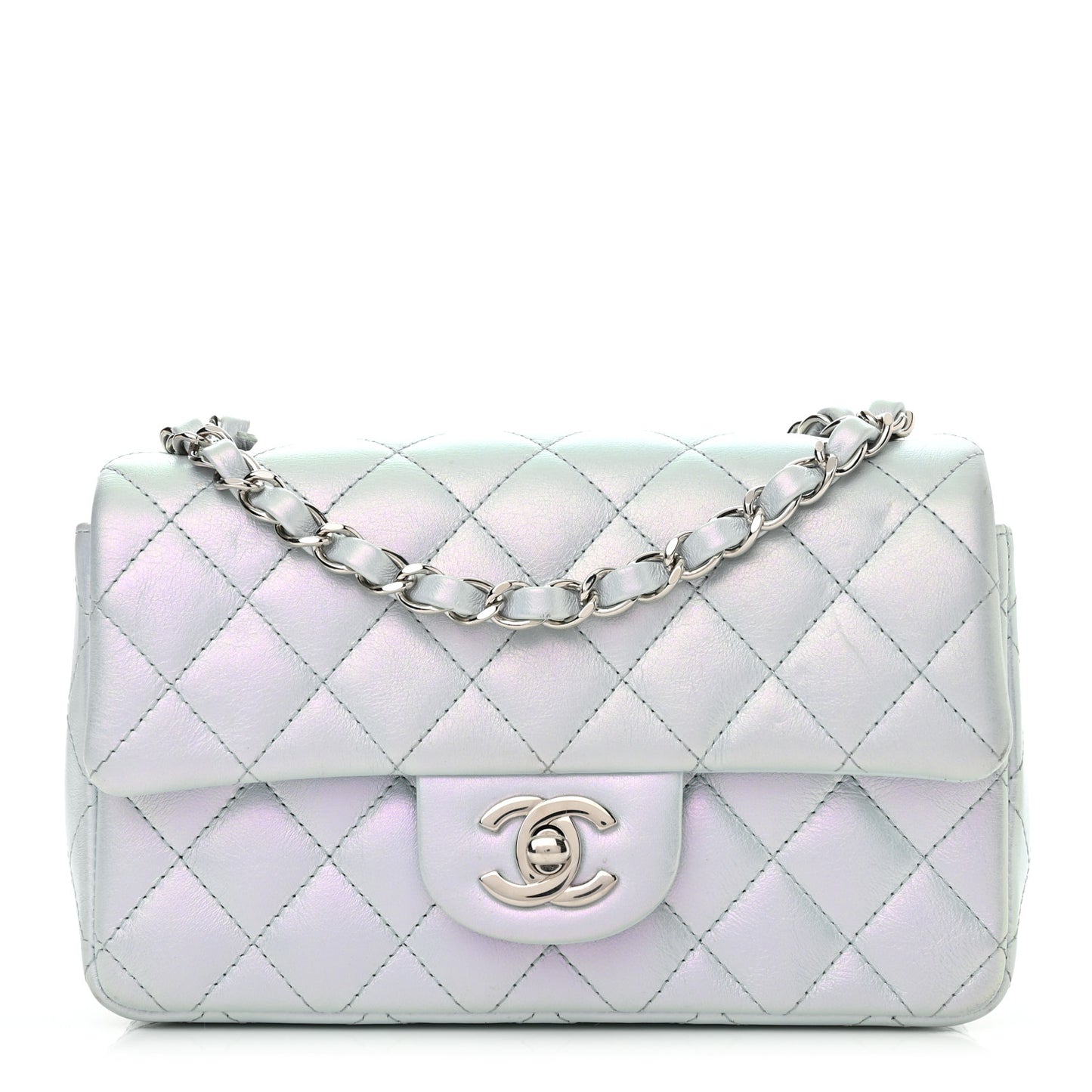 Iridescent Calfskin Quilted Mini Rectangular Flap Light Blue