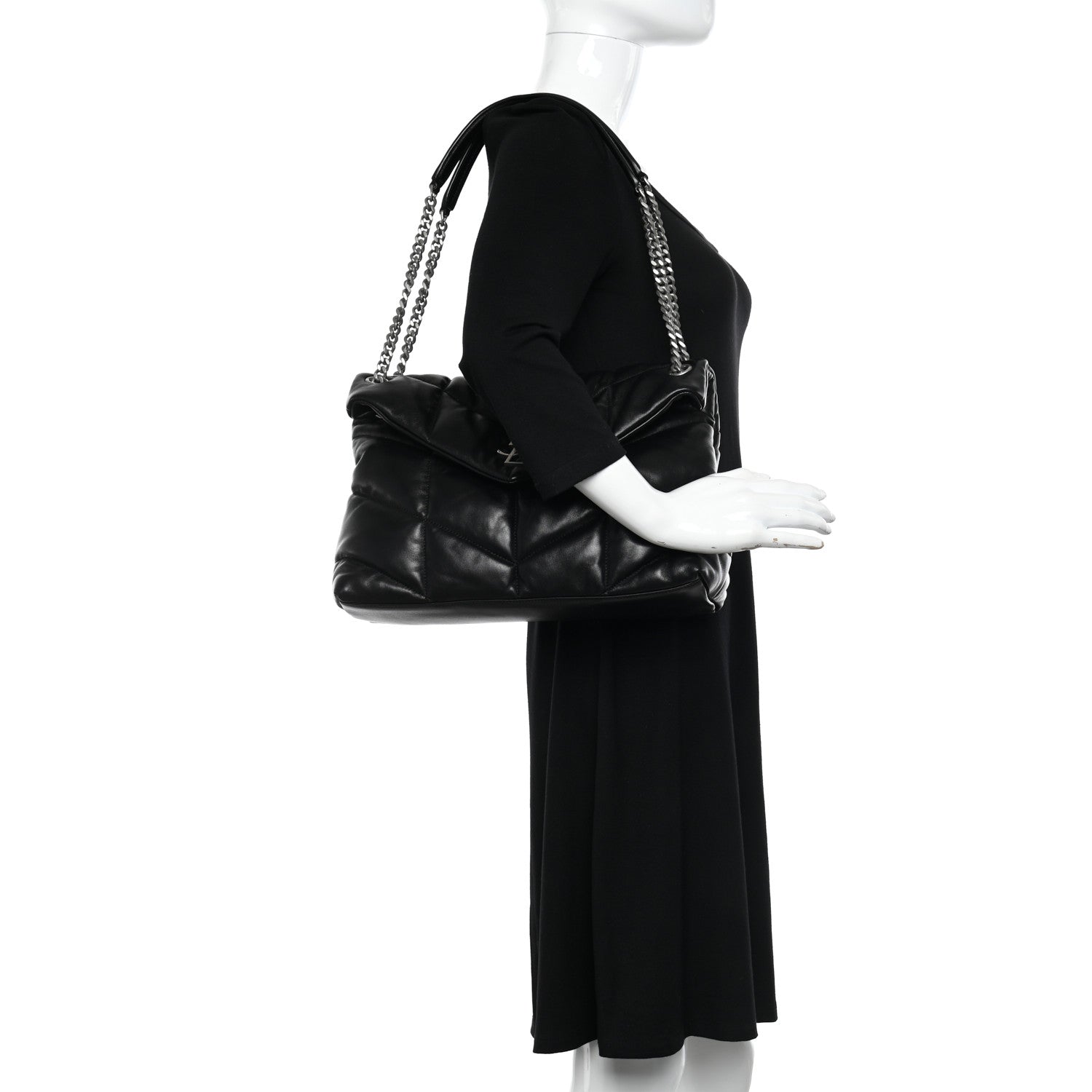 Saint Laurent Lambskin Quilted Medium Loulou Puffer Monogram Chain Satchel Black 2 of 10