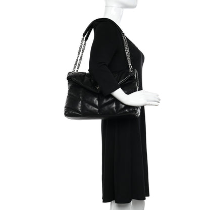 Saint Laurent Lambskin Quilted Medium Loulou Puffer Monogram Chain Satchel Black 2 of 10