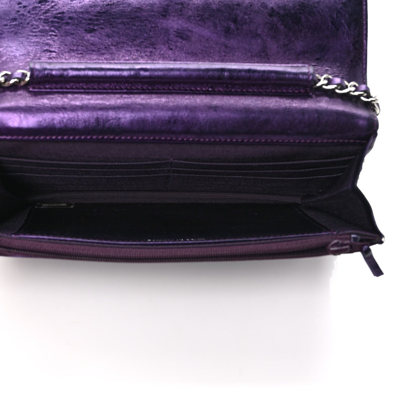 Metallic Aged Calfskin Quilted 2.55 Reissue Wallet on Chain WOC Purple