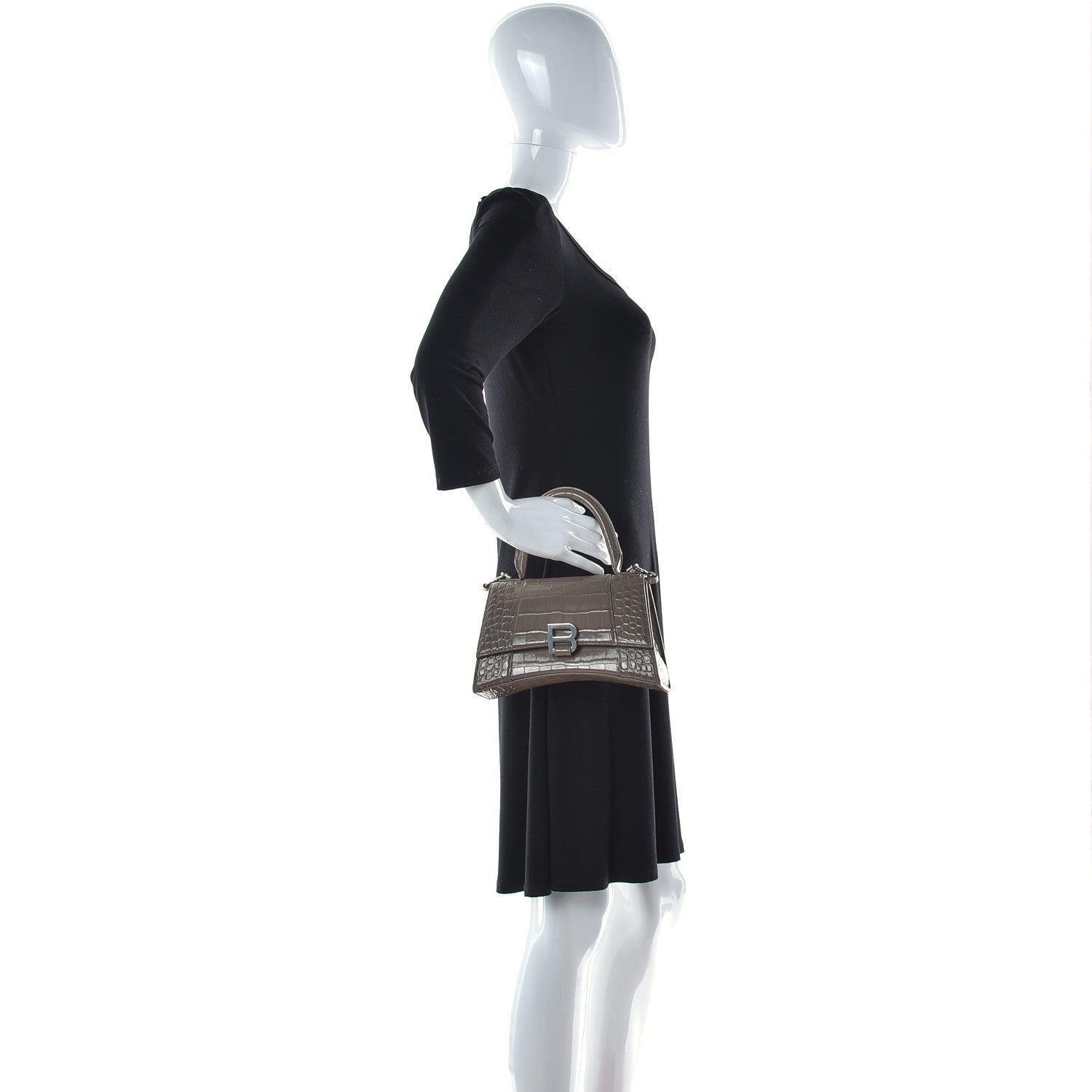 Balenciaga Shiny Calfskin Crocodile Embossed Small Hourglass Top Handle Bag Mink Grey 2 of 14