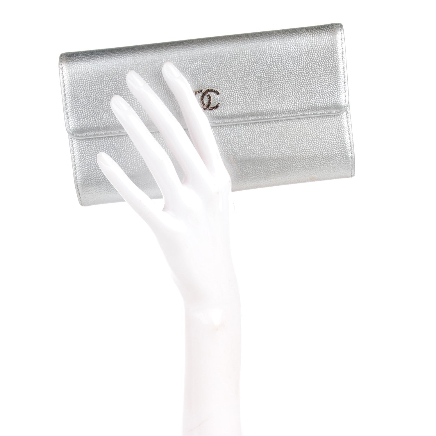 Chanel Metallic Caviar Sevruga Long Flap Wallet Silver 6 of 13