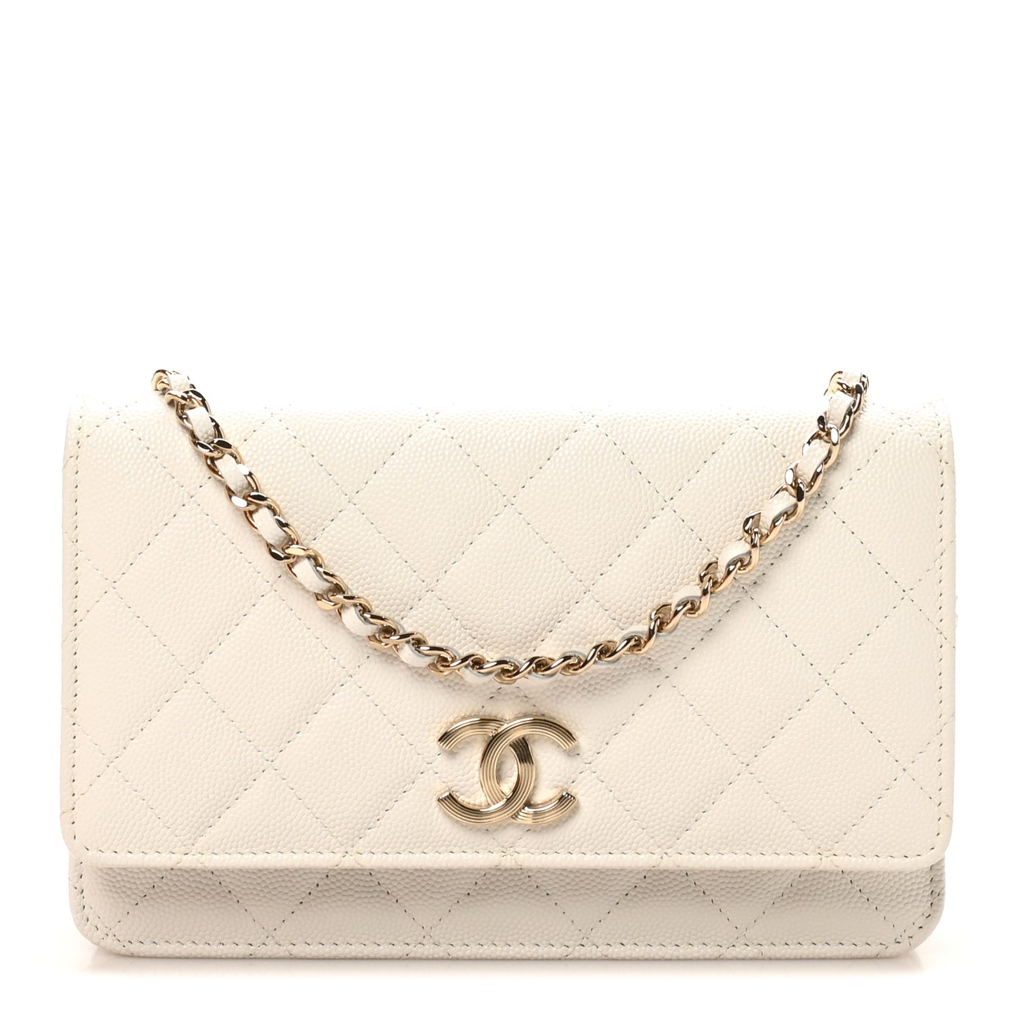 Caviar Quilted Striated CC Wallet on Chain WOC White