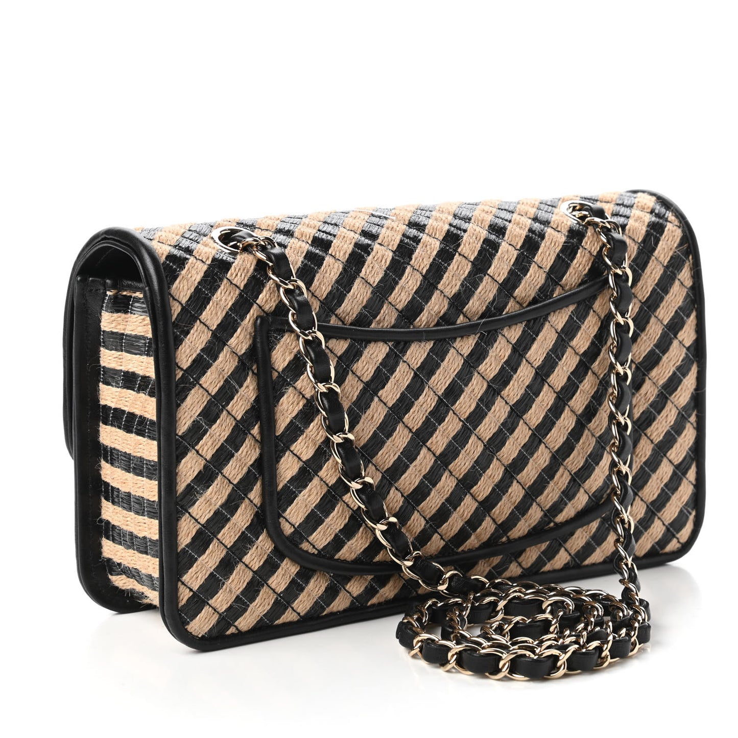 Raffia Jute Striped Medium Single Flap Black Beige