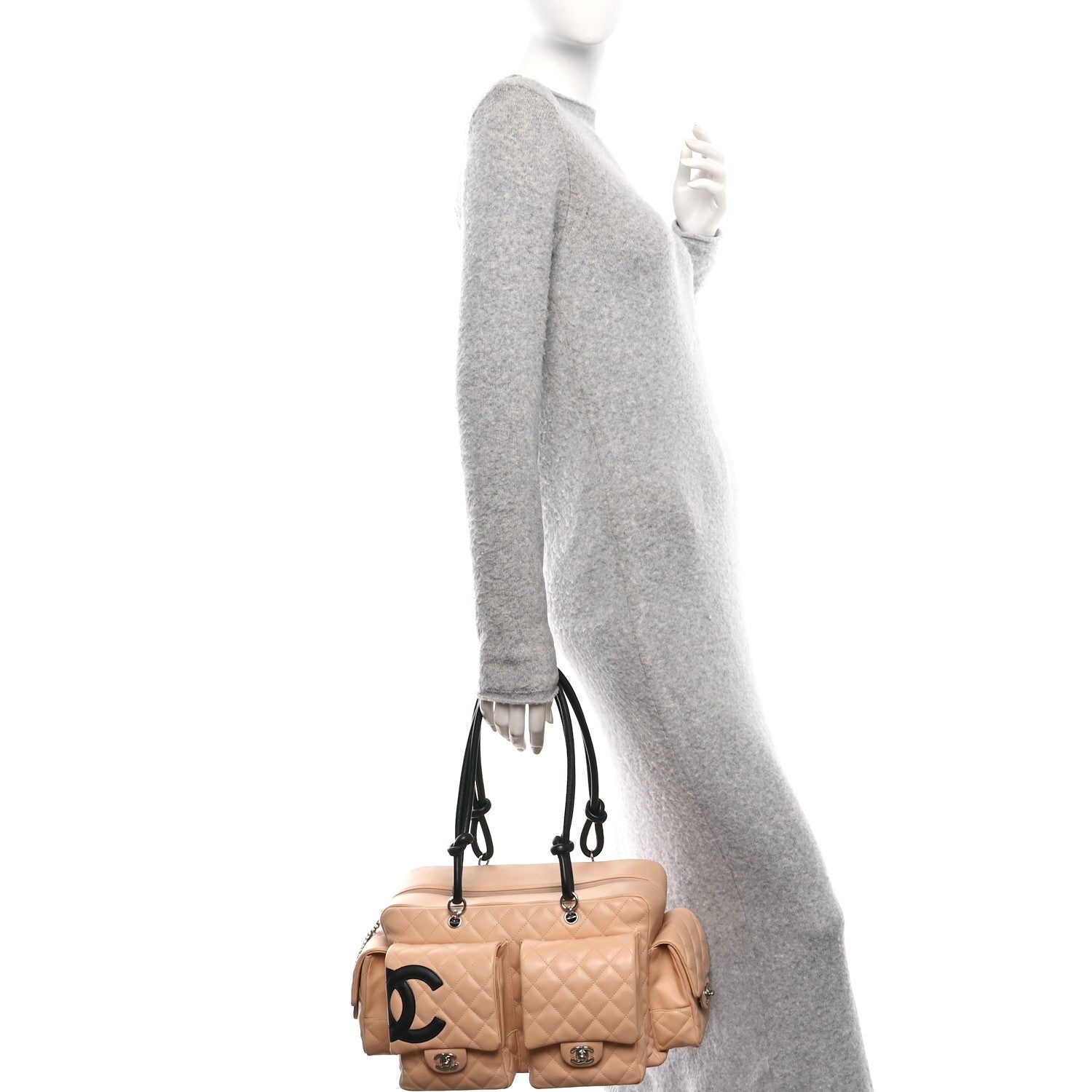 Chanel Calfskin Quilted Large Cambon Multipocket Reporter Beige Black 3 of 10