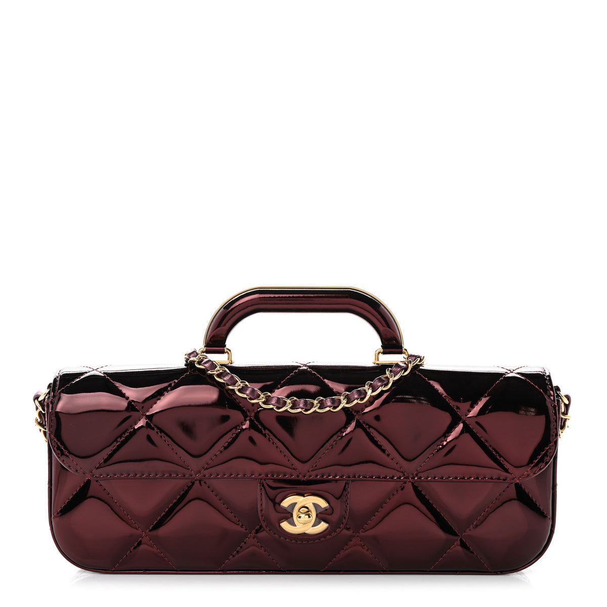 Metallic Mirror Calfskin Large Top Handle Clutch With Chain  Burgundy