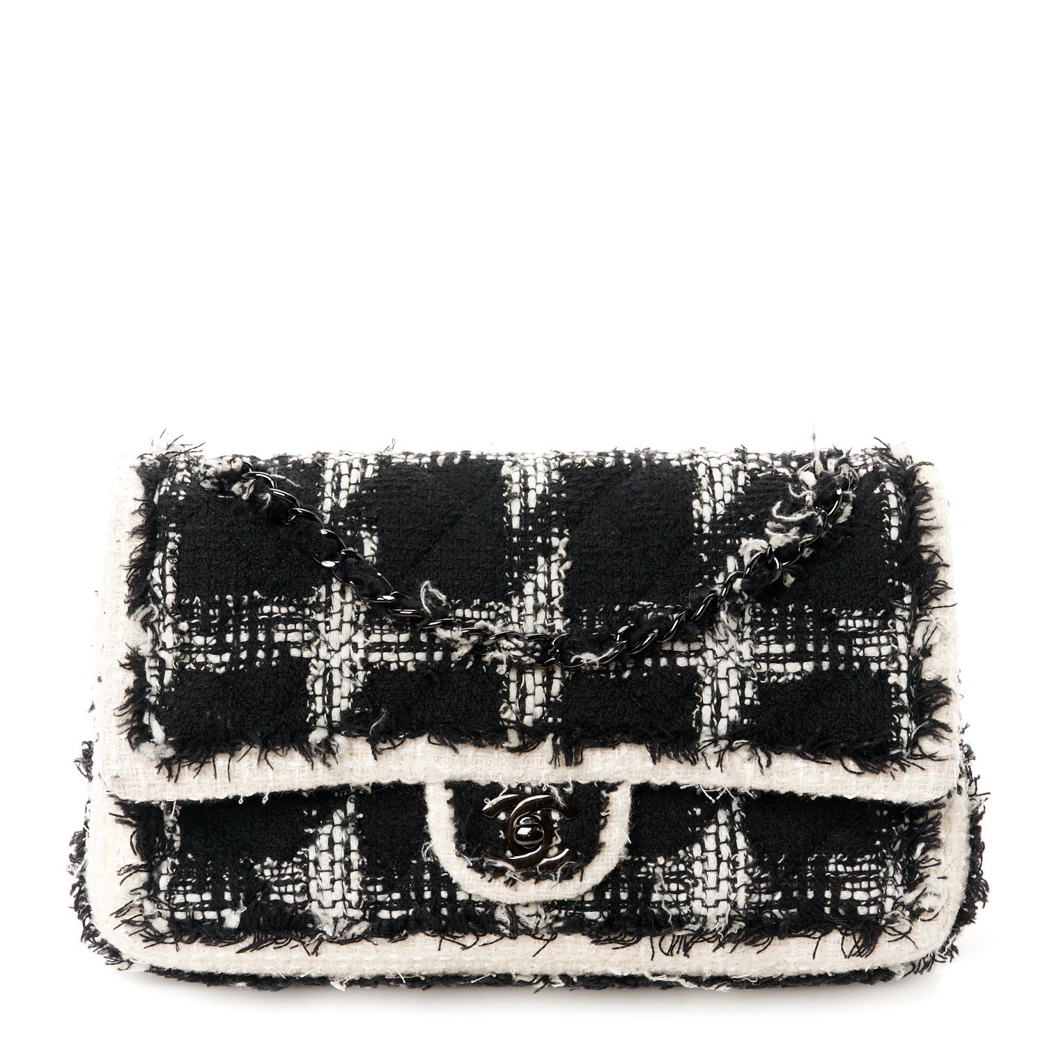 Chanel Tweed Quilted Tartan Medium Double Flap Black White 1 of 11