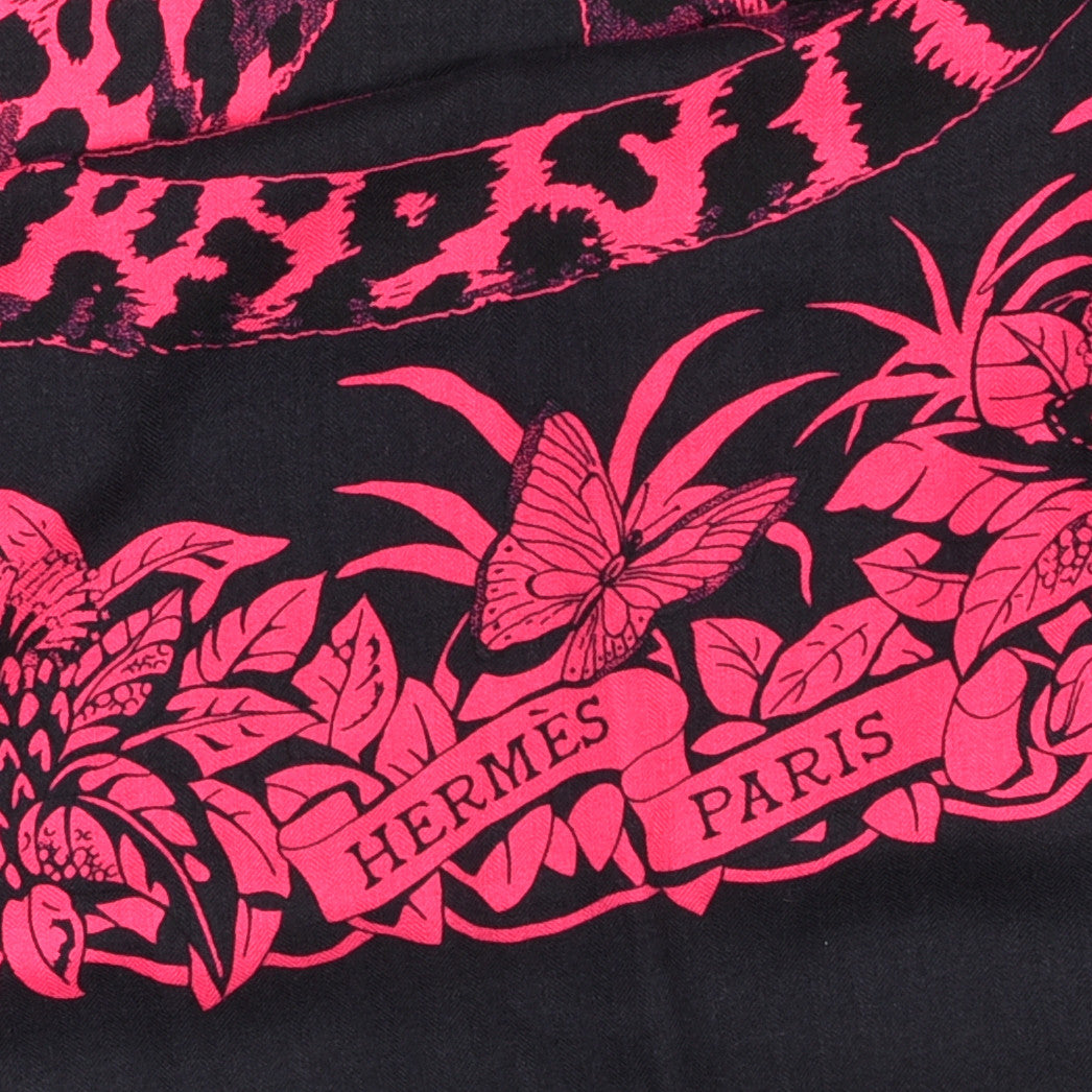 Cashmere Silk Jungle Love Tattoo Shawl 140 Bleu Noir Rose Vif