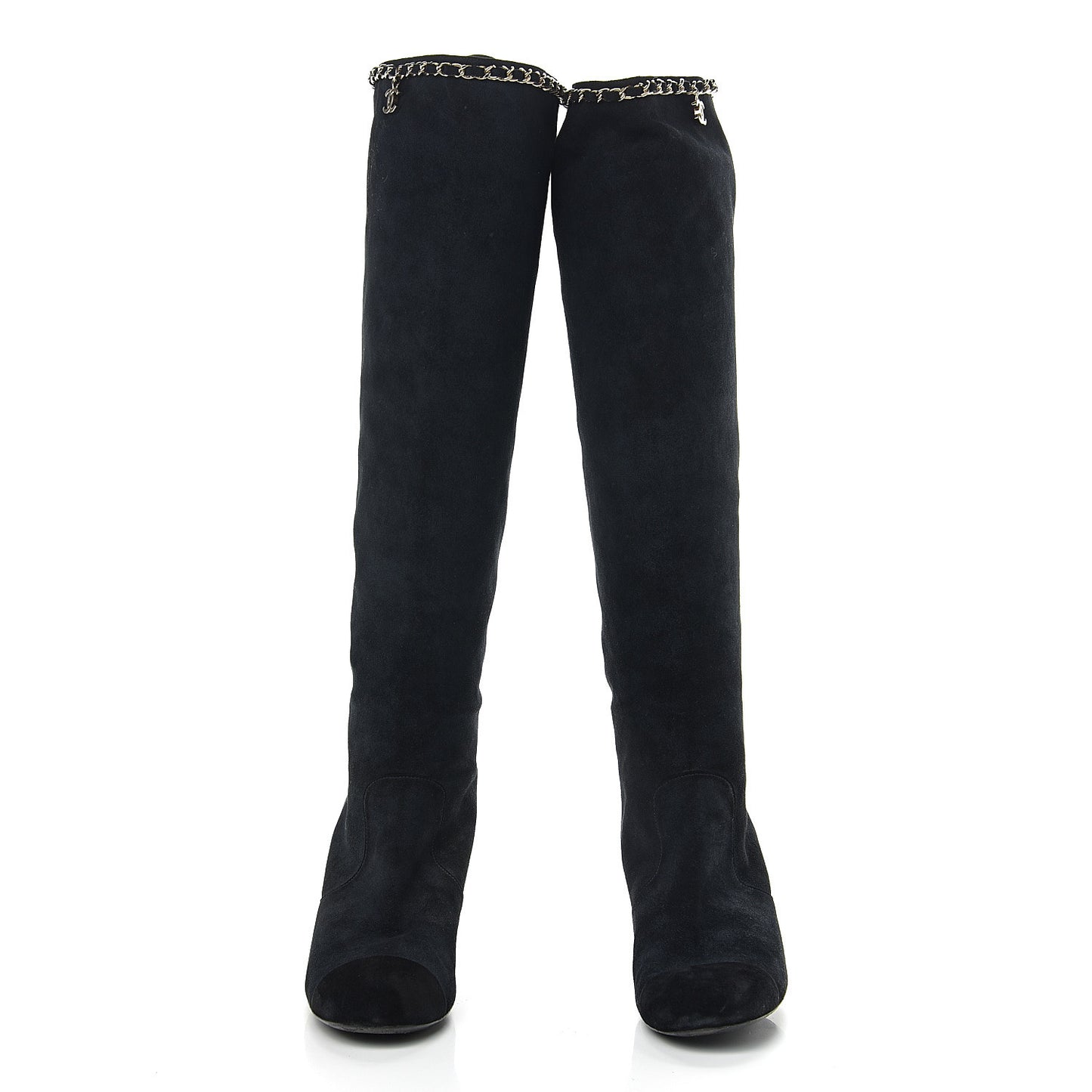 Suede Calfskin Chain Cap Toe Knee High Boots 39.5 Dark Navy