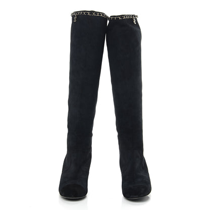 Chanel Suede Calfskin Chain Cap Toe Knee High Boots 39.5 Dark Navy 2 of 9