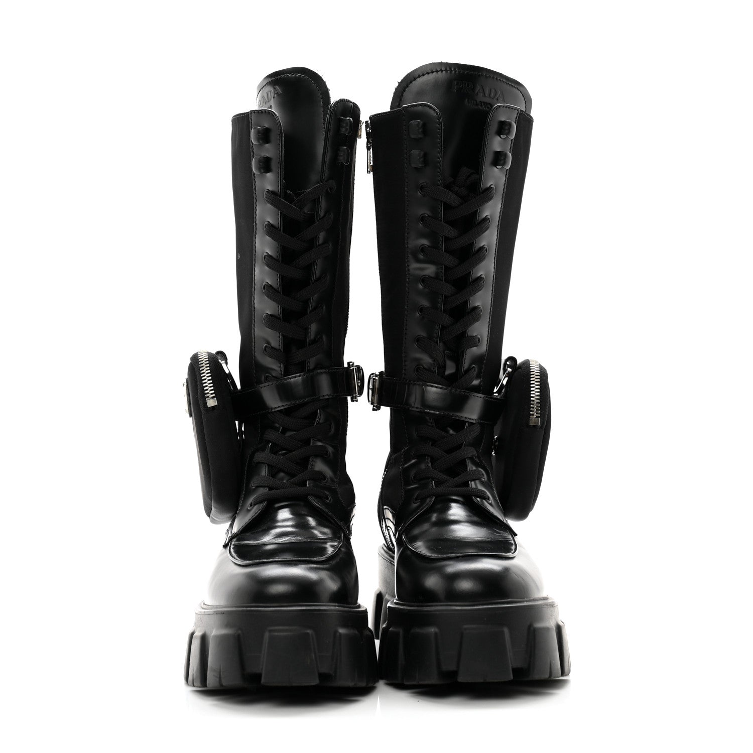 Prada Vitello Lux Nylon Metal Triangle Logo Monolith Pouch Pocket 55mm Tall Combat Boots 38.5 Black 2 of 11