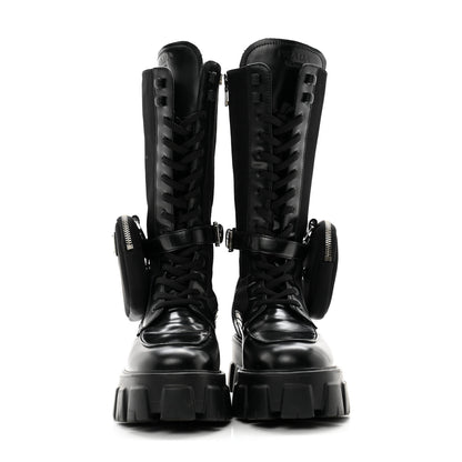 Prada Vitello Lux Nylon Metal Triangle Logo Monolith Pouch Pocket 55mm Tall Combat Boots 38.5 Black 2 of 11
