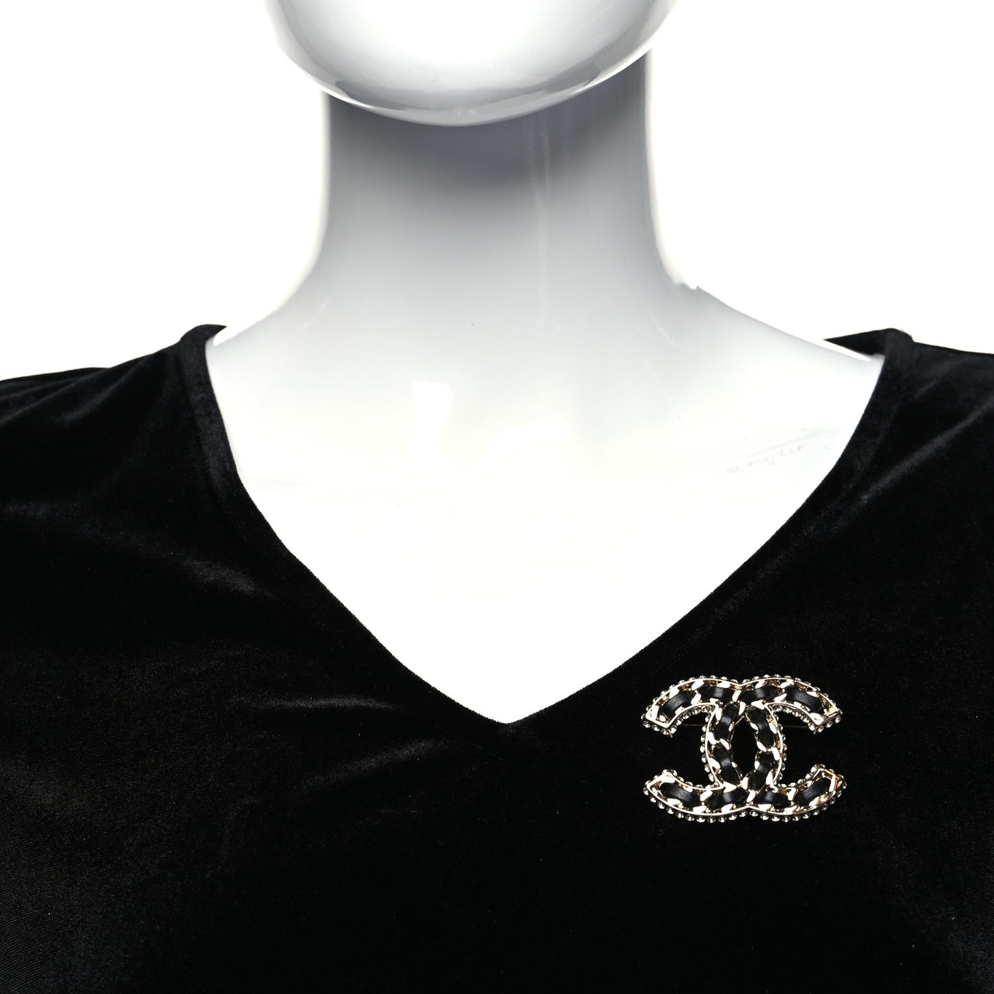 Lambskin Crystal CC Chain Brooch Black Gold