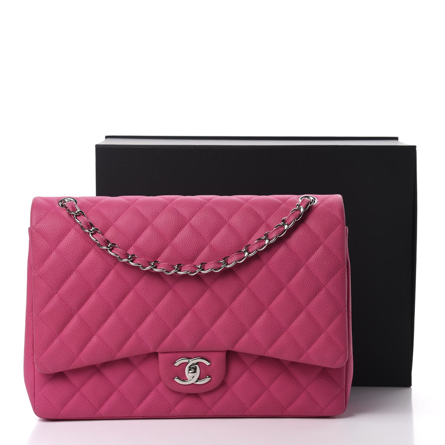 Iridescent Caviar Quilted Maxi Double Flap Hot Pink