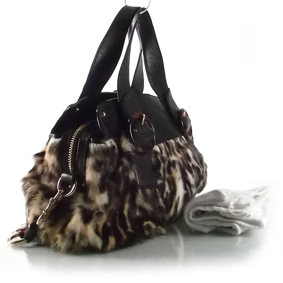 Leopard Print Shearling Chain Link Satchel