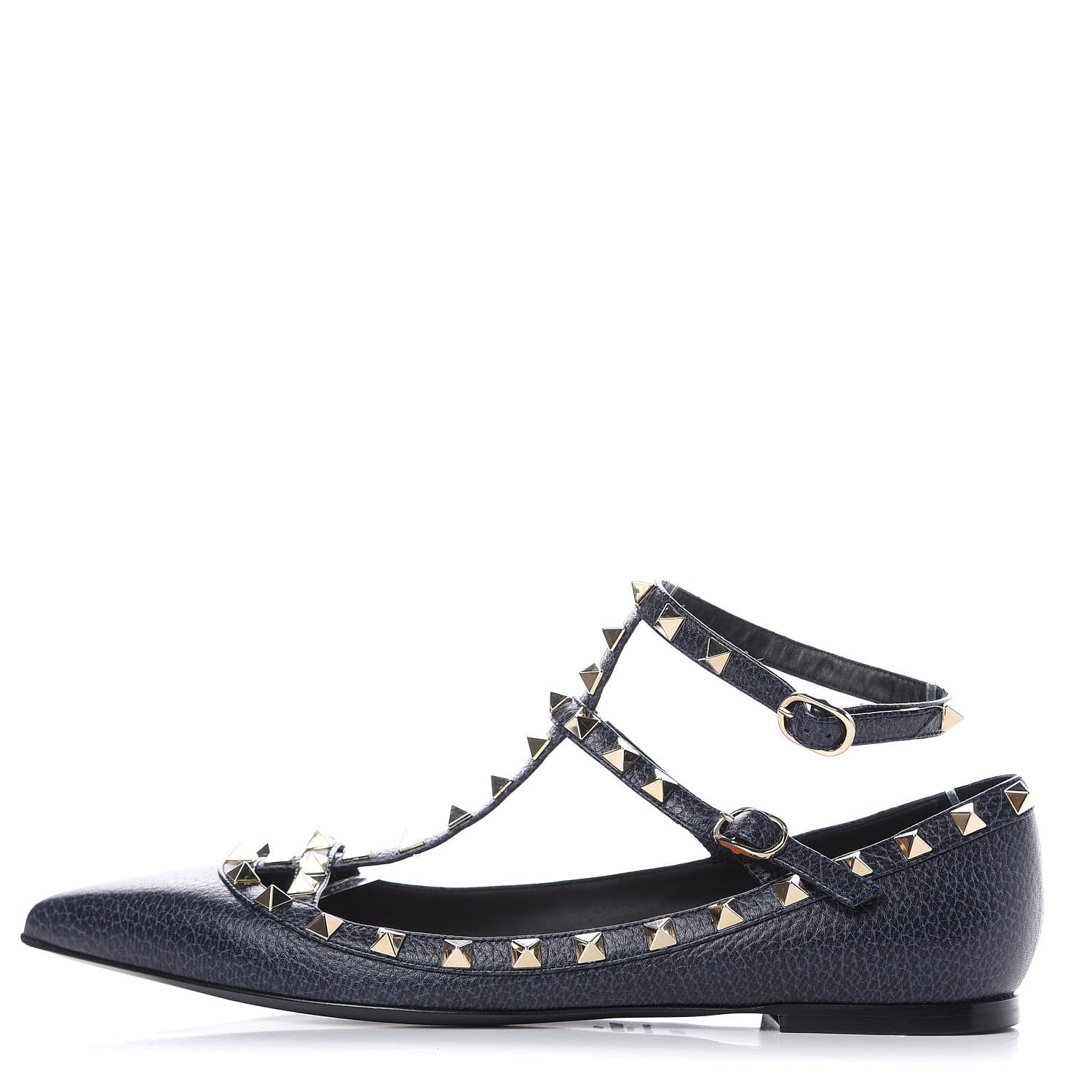 Valentino Garavani Pebbled Calfskin Rockstud Cage Ballerina Flats 40.5 Deep Denim 1 of 8