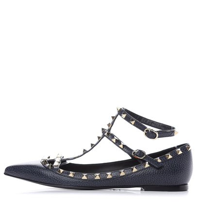 Valentino Garavani Pebbled Calfskin Rockstud Cage Ballerina Flats 40.5 Deep Denim 1 of 8