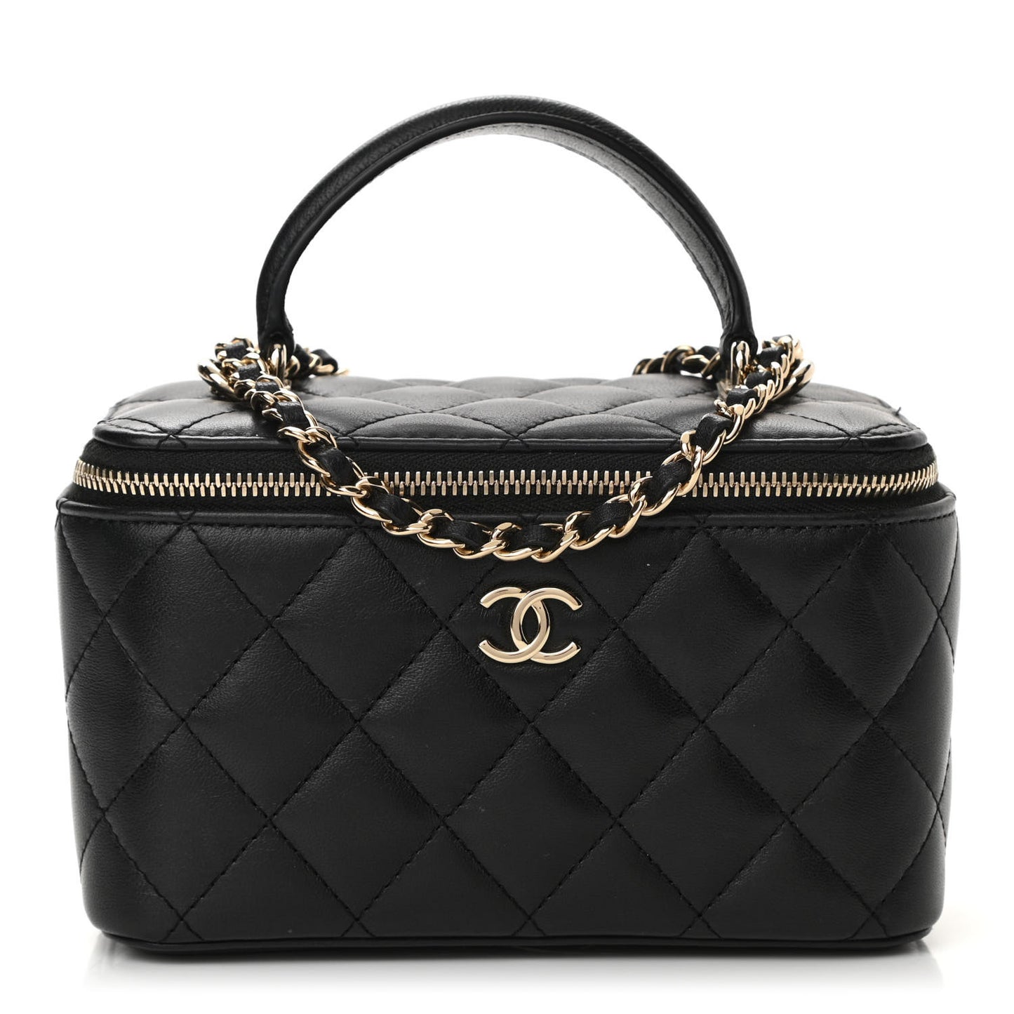 Lambskin Quilted Small Top Handle Vanity Case With Chain Black