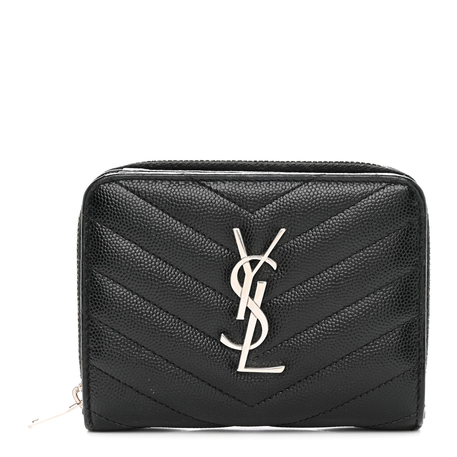 Saint Laurent Grain De Poudre Matelasse Chevron Monogram Compact Zip Around Wallet Black 1 of 10