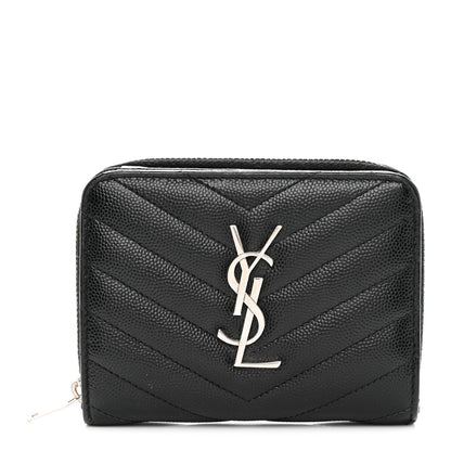Saint Laurent Grain De Poudre Matelasse Chevron Monogram Compact Zip Around Wallet Black 1 of 10
