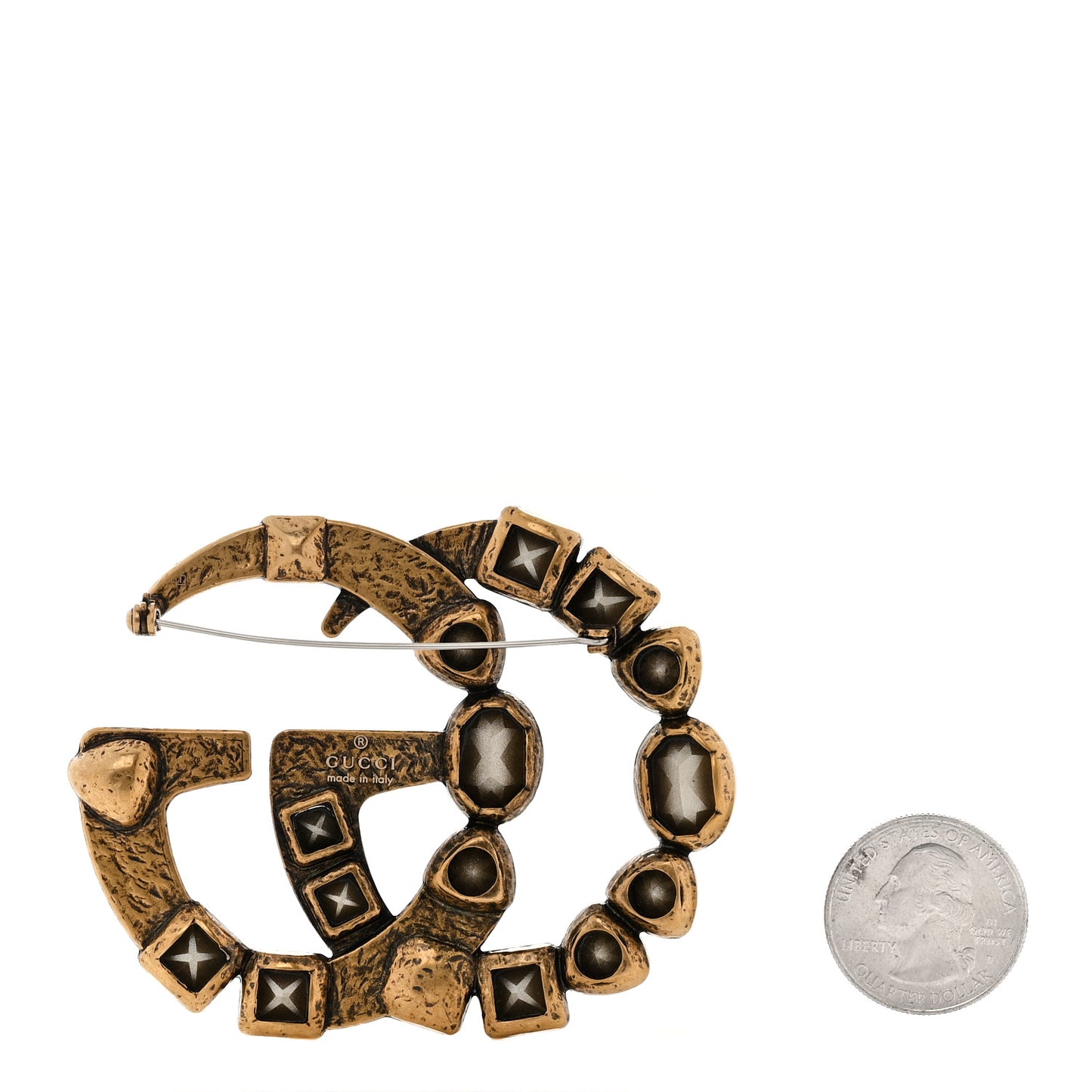 Metal Crystal Double G Brooch Aged Gold Multicolor