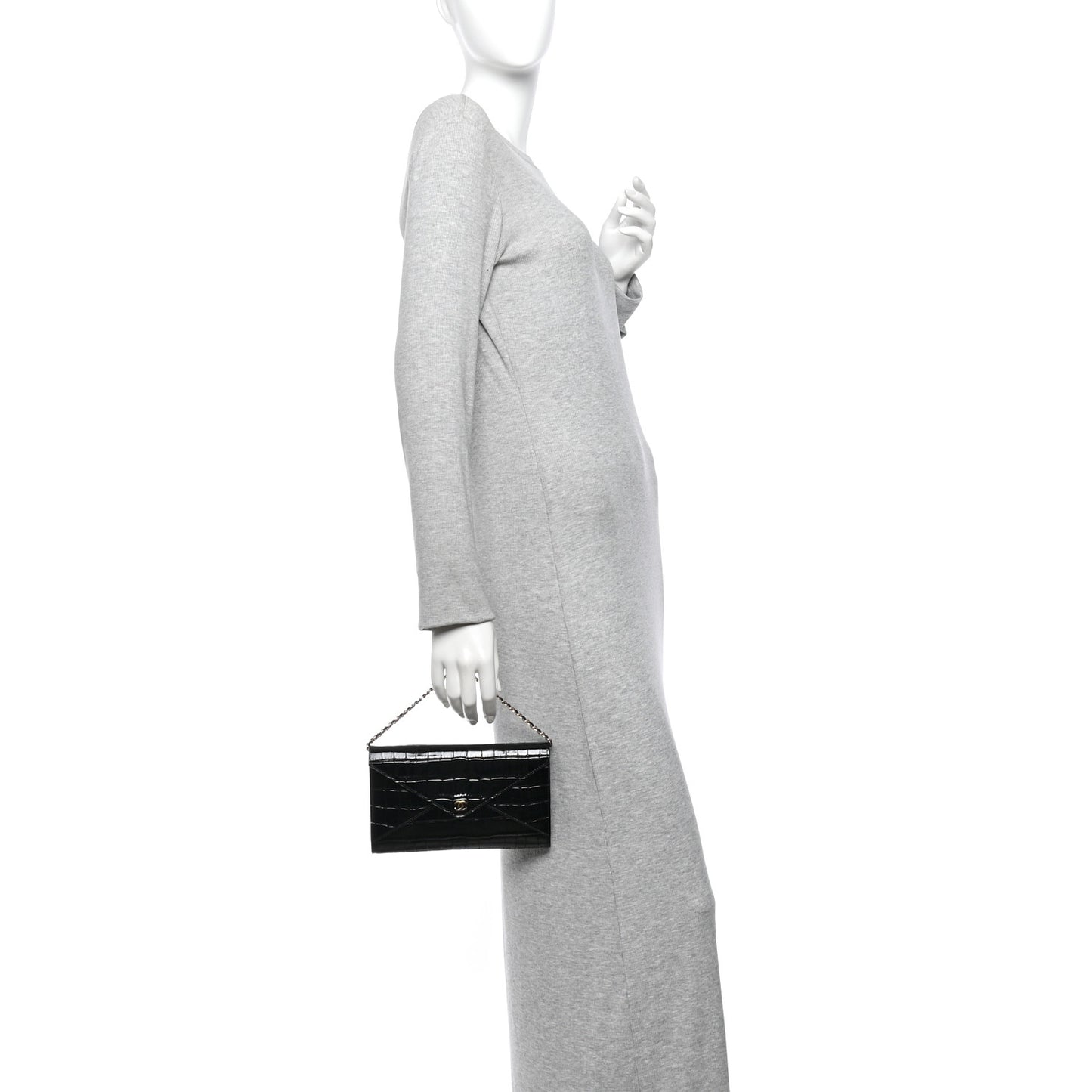 Calfskin Crocodile Embossed Envelope Clutch With Strap Black