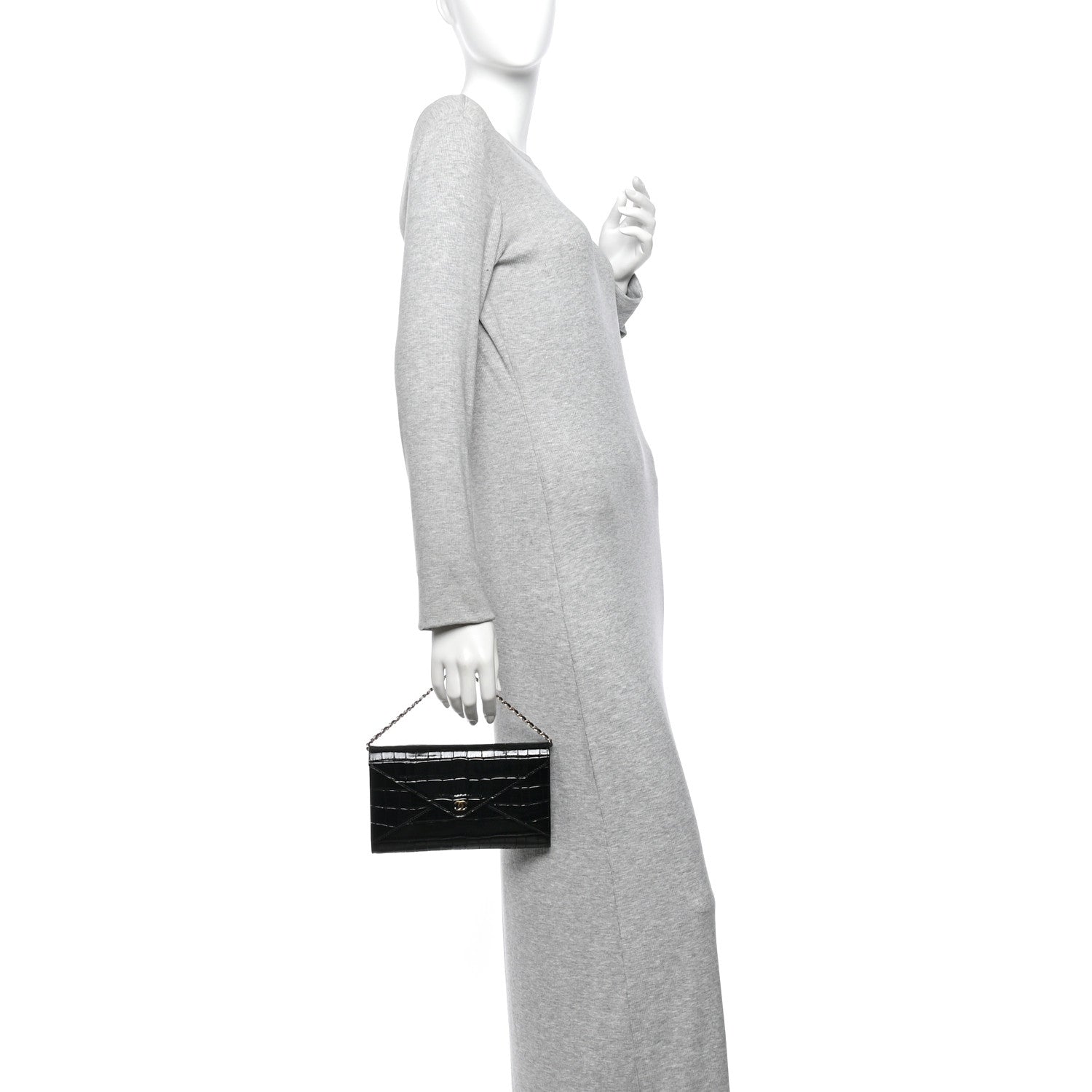 Chanel Calfskin Crocodile Embossed Envelope Clutch With Strap Black 2 of 9