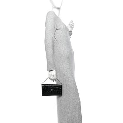 Chanel Calfskin Crocodile Embossed Envelope Clutch With Strap Black 2 of 9