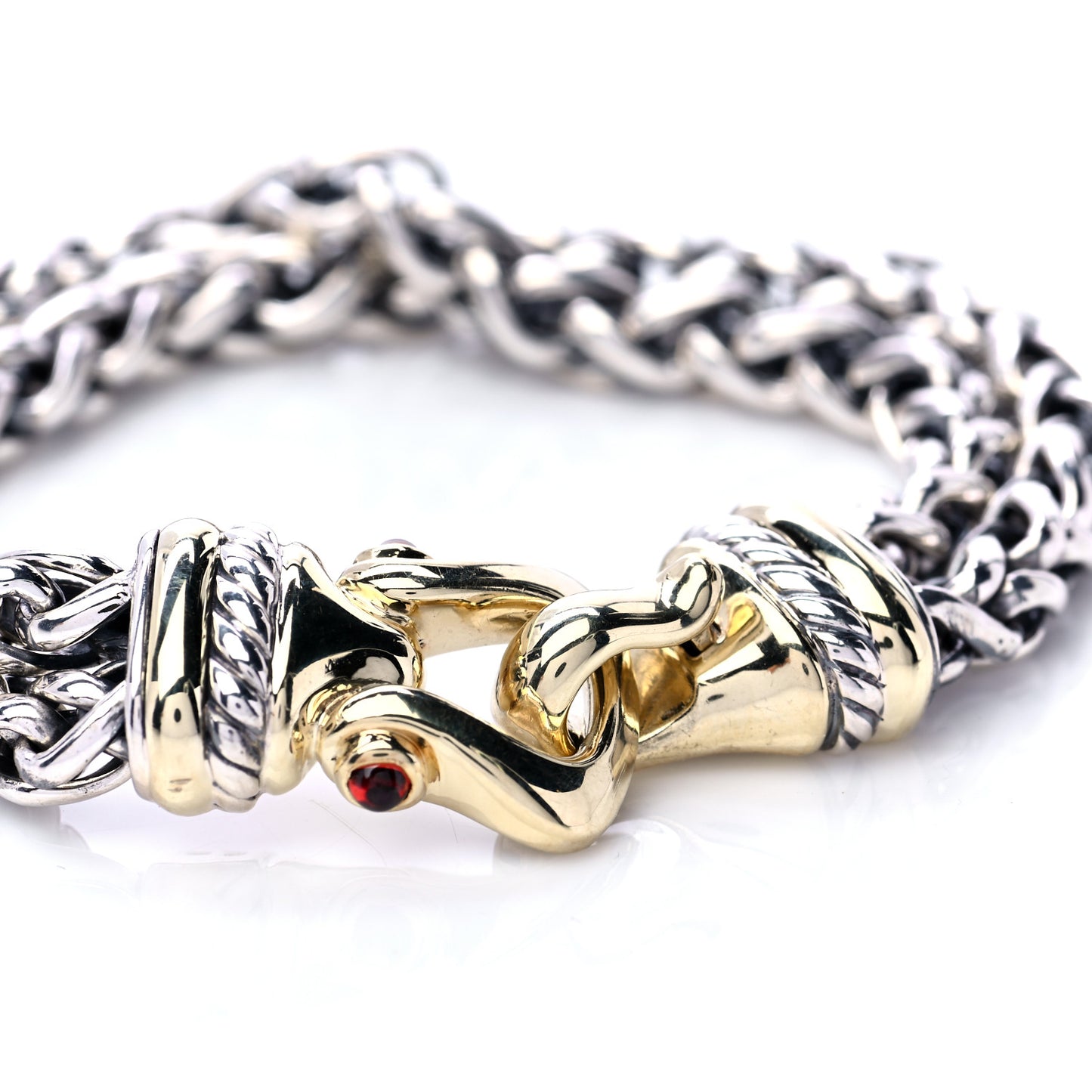 Sterling Silver 14K Yellow Gold Garnet 6mm Double Wheat Buckle Bracelet