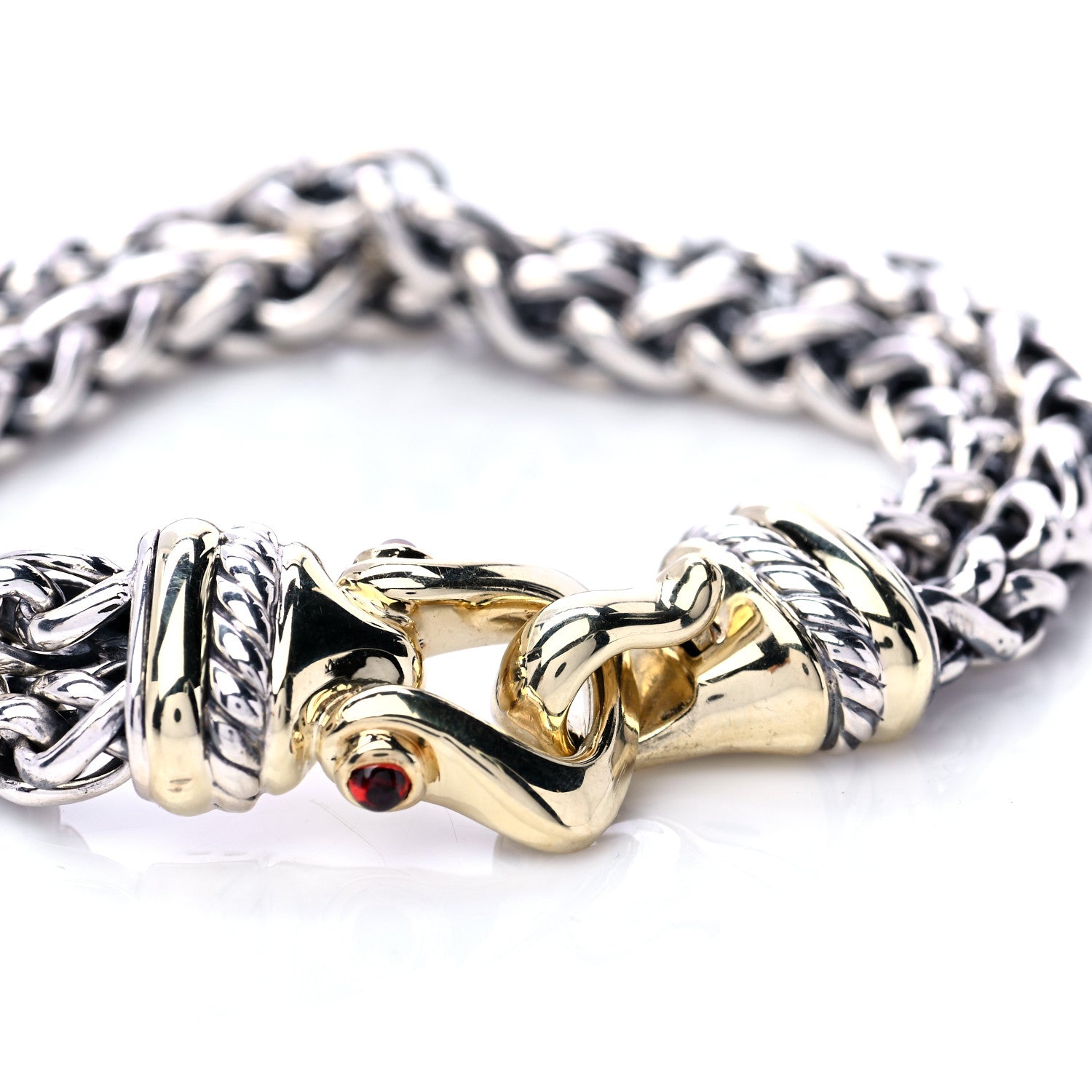 David Yurman Sterling Silver 14K Yellow Gold Garnet 6mm Double Wheat Buckle Bracelet 4 of 7