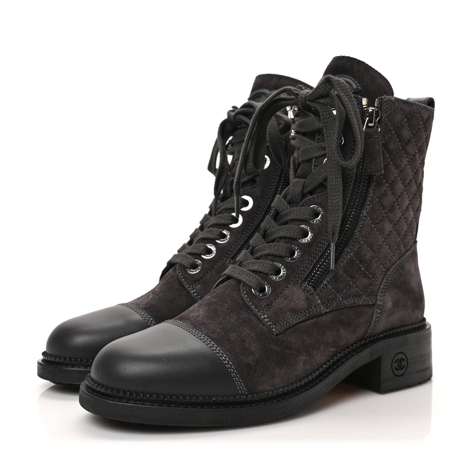 Chanel Suede Calfskin Quilted Lace Up Boots 36.5 Grey 3 of 6