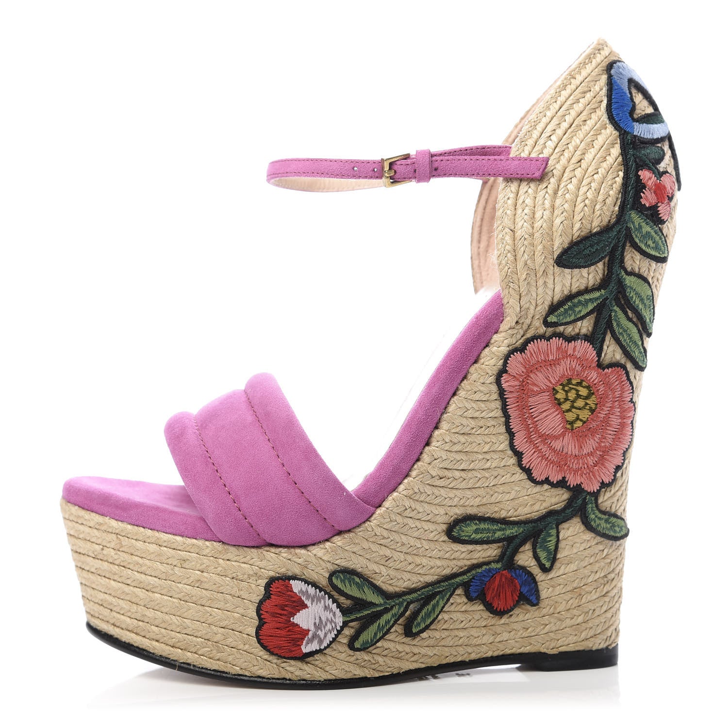 Gucci Kid Scamosciato Ophelia Espadrille Platform Wedge Sandals 35 Rododendro 1 of 9