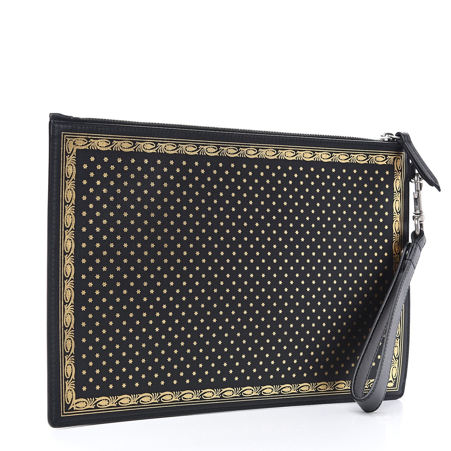 X SEGA Calfskin GUCCY Stars Zip Wristlet Pouch Black Gold