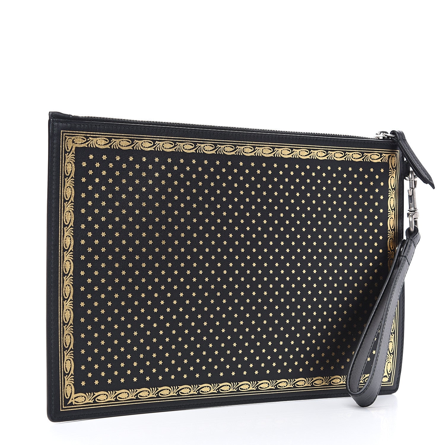 Gucci X SEGA Calfskin GUCCY Stars Zip Wristlet Pouch Black Gold 2 of 7