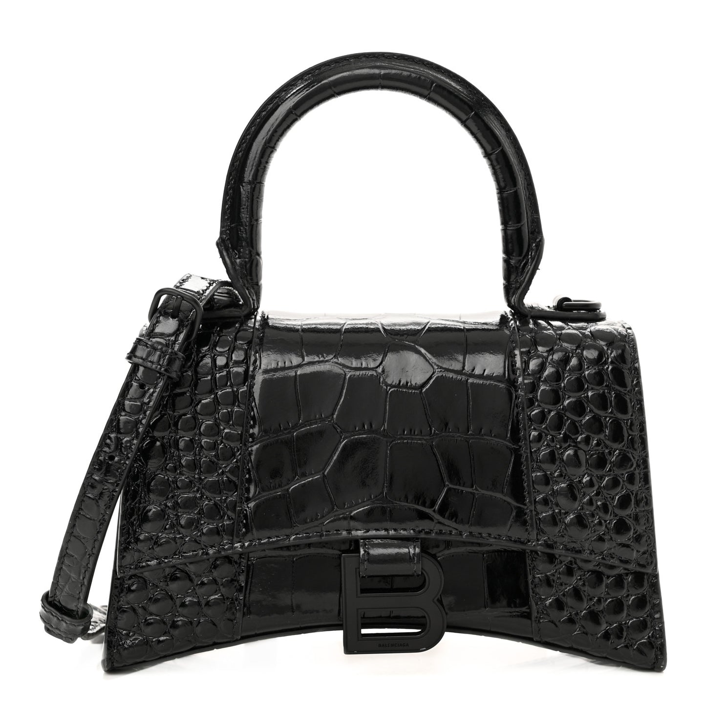 Shiny Calfskin Monochrome Crocodile Embossed Hourglass Top Handle Bag XS Black